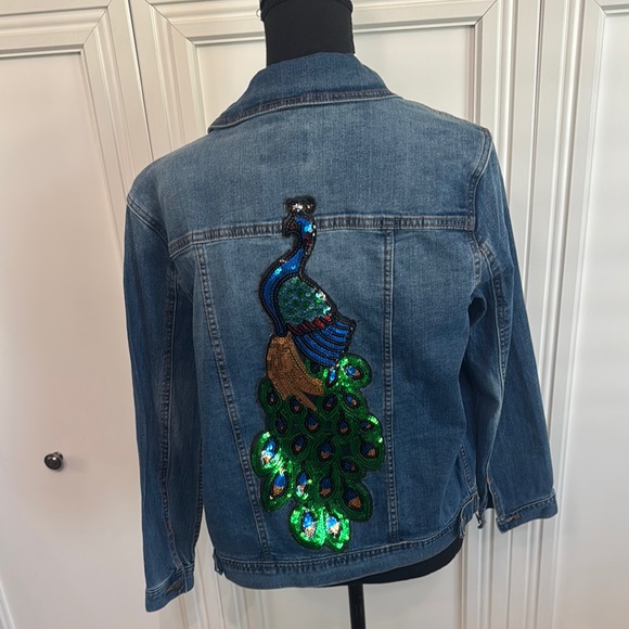 Tahari Jackets & Blazers - Tahari Blue and Green Jean Jacket with Peacock Design